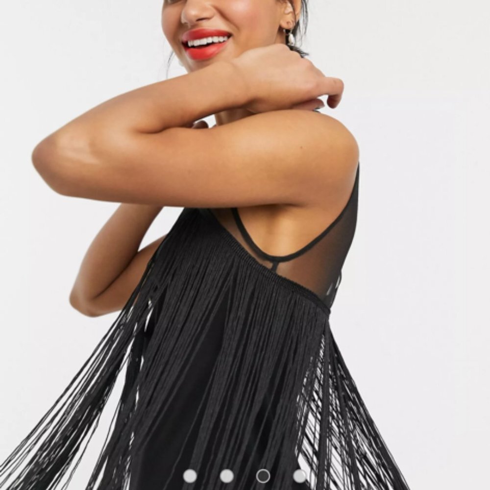 ASOS DESIGN fringe and mesh mini shift dress in black Size 4 - Picture 4 of 7